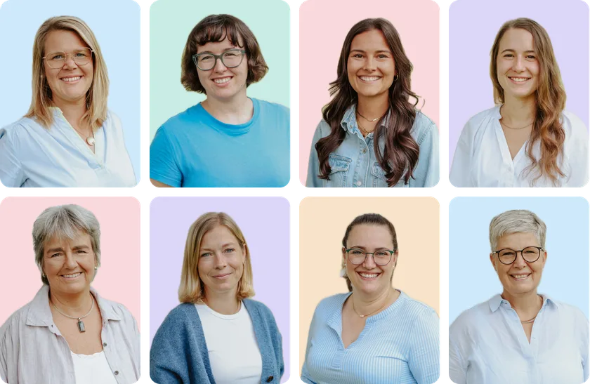 Das Team der Praxis: Anna-Lena Mecke, Maja Feldhoff, Celine Raschke, Nina Schneider, Sigrun Baumgarten, Anina Sannert, Katharina Rubarth und Sandra Machinek